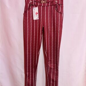 Boocock Women Striped Pants S/M Red High Waist Slim Stretch Casual Pants NWT